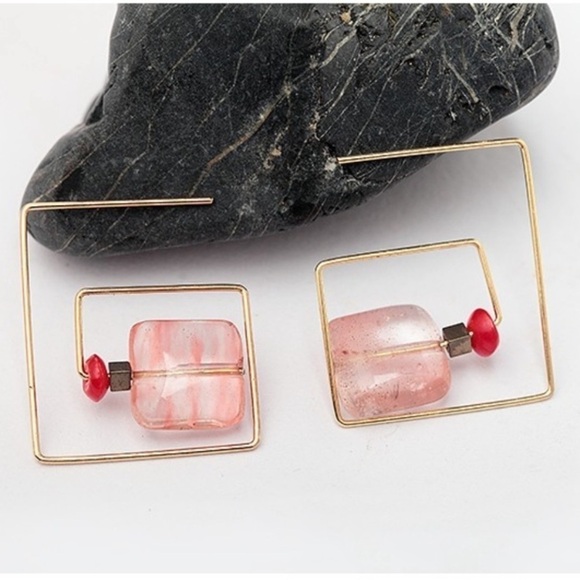 Pink Square Threader Earrings Gold Edition - Picture 1 of 8